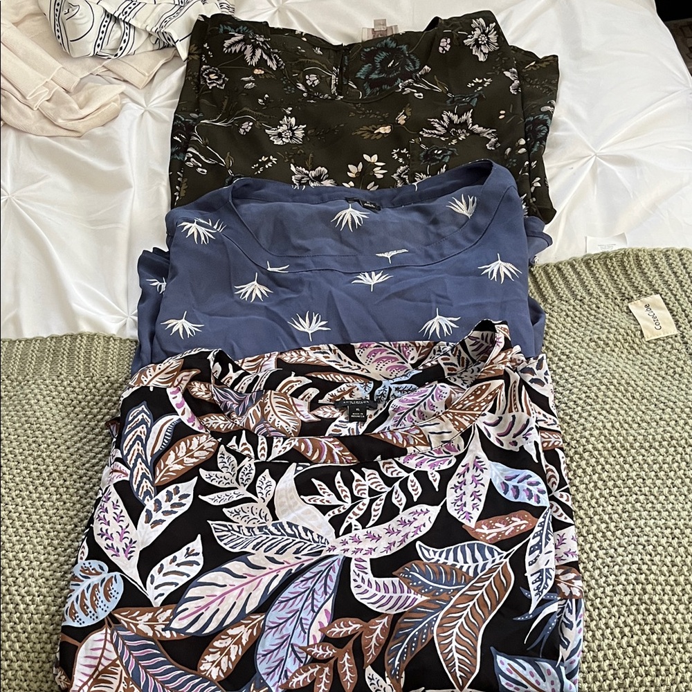 Ann Taylor Floral and Leaf Print Blouses - Black, Blue, Green